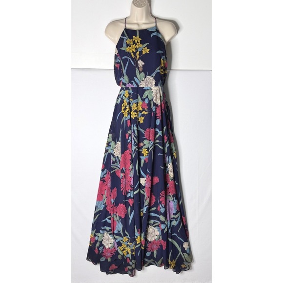 Lulus Dresses & Skirts - Lulus Blue Floral Halter Maxi Dress L Open Back Wedding Whimsigoth Dark Fairy
